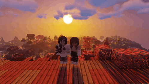 a couple of minecraft characters standing on a wooden deck with the sun setting in the background