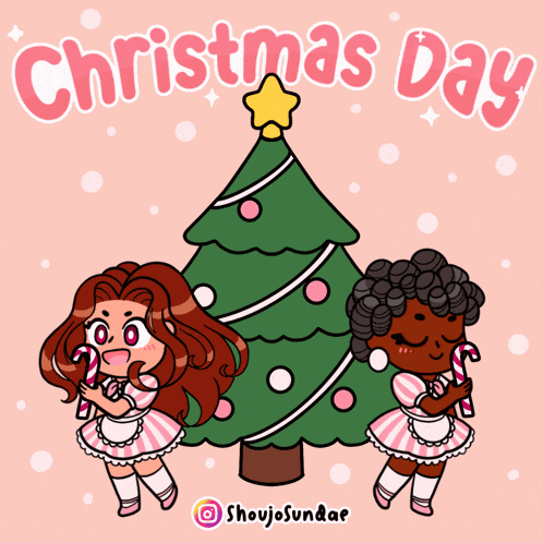 two girls holding candy canes in front of a christmas tree with the caption christmas day