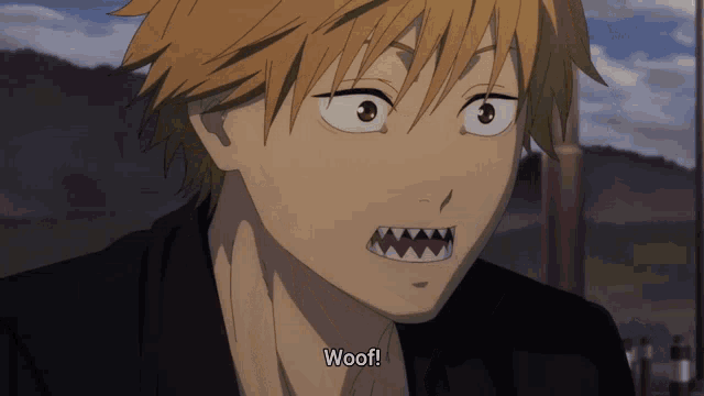 a close up of a person 's face with the word woof written on the bottom