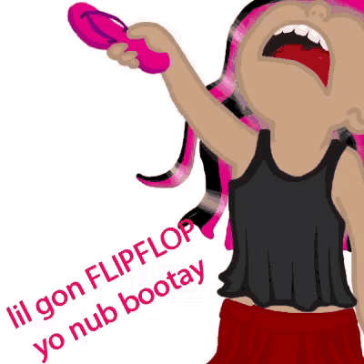 a girl with pink hair is holding a pink flip flop in her hand
