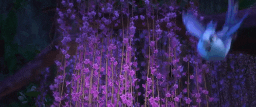 a blue and white bird is flying in the air surrounded by purple flowers .