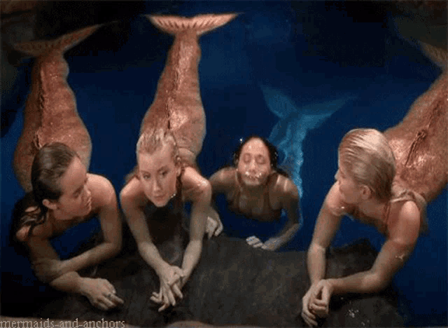 a group of mermaids are swimming in the water and looking at something .