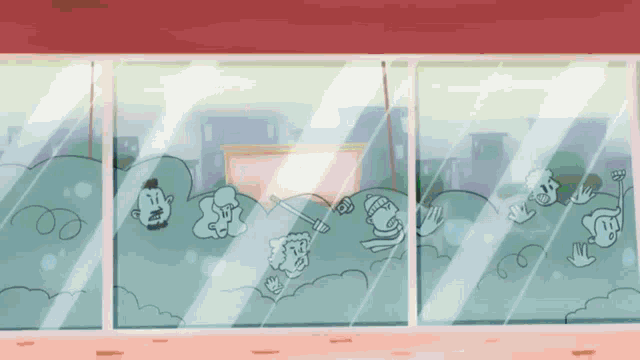 a cartoon drawing of people in a window