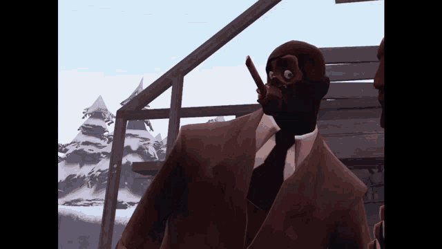 a man in a suit and tie is wearing a mask and smoking a cigar