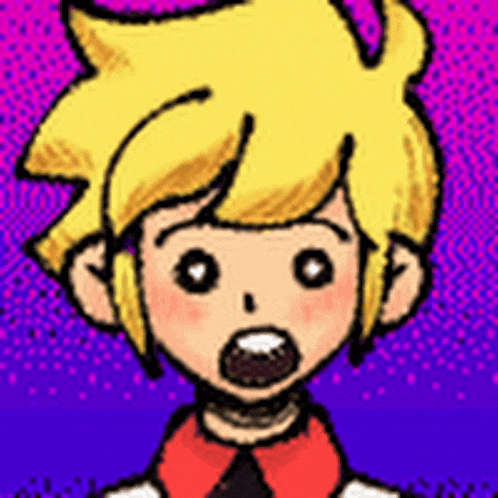 a cartoon boy with yellow hair and a surprised look on his face is standing in front of a purple background .