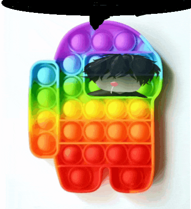 a rainbow colored among us pop it toy with a cartoon character inside