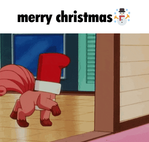 a cartoon of a horse wearing a santa hat with the words merry christmas above it
