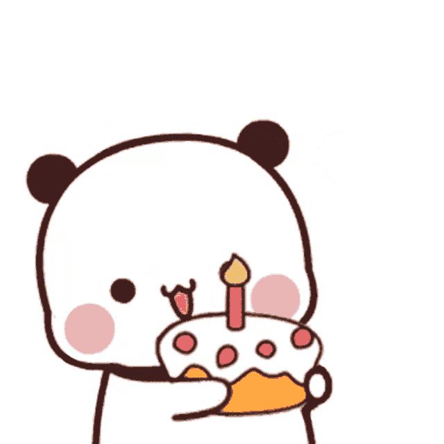 a cartoon panda bear is holding a cake with a candle in its mouth .