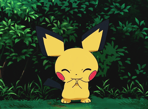 a yellow and black cartoon character is standing in the grass with trees in the background