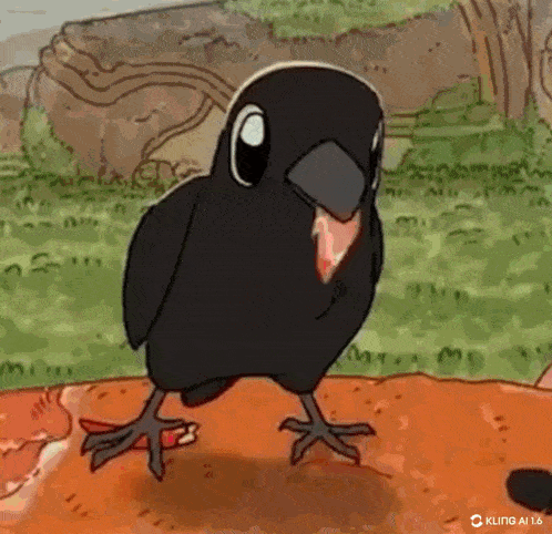a cartoon of a black bird standing on a dirt road .