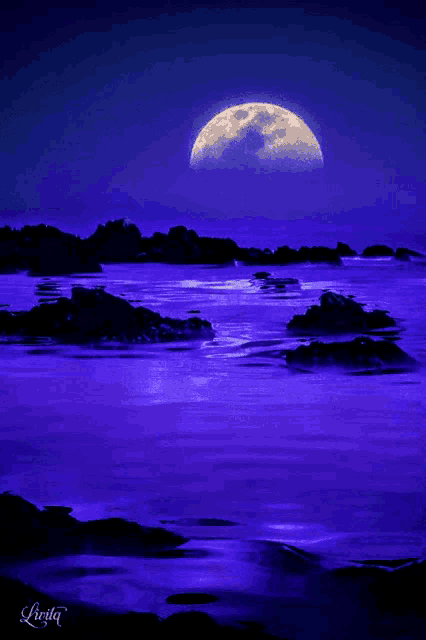 a painting of a full moon over a body of water by lirita