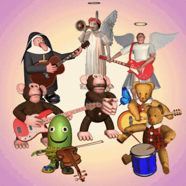 a group of cartoon characters are playing musical instruments including a nun playing a guitar