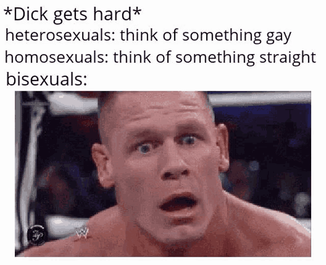 john cena is making a surprised face in a boxing ring while talking about homosexuals and bisexuals .