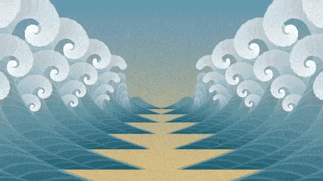 a painting of a beach with waves and clouds in the background