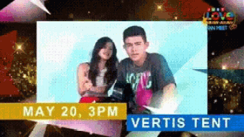 a man and a woman are standing next to each other on a screen that says ' vertis tent ' on it