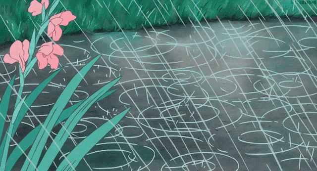 a drawing of rain drops on the ground with a pink flower in the background