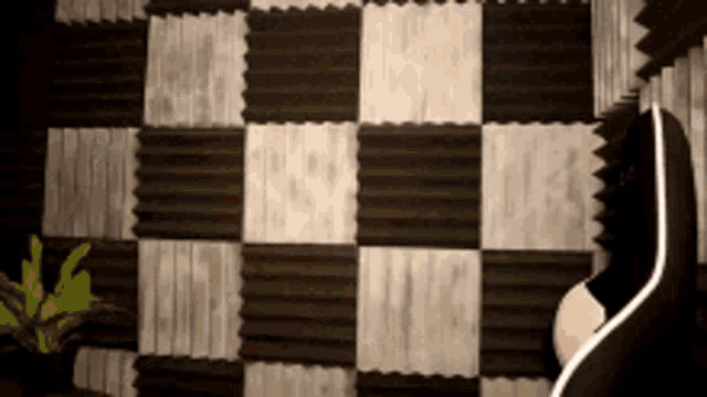 a black and white checkered wall with a plant in the foreground