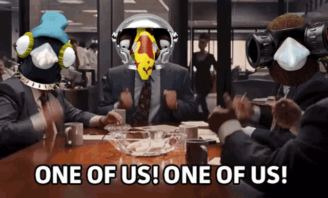 a group of people are sitting around a table and one of them says one of us