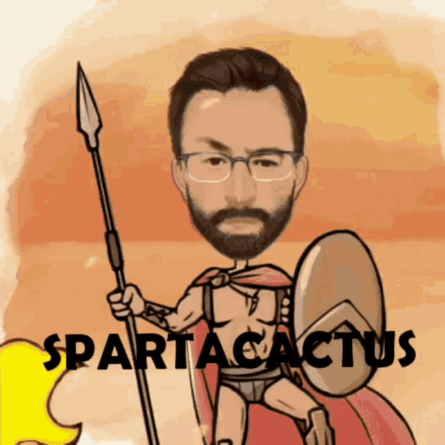 a cartoon of a spartan holding a spear and shield with the words spartacactus behind him