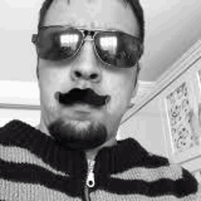 a man with a beard and mustache wearing sunglasses and a striped sweater .