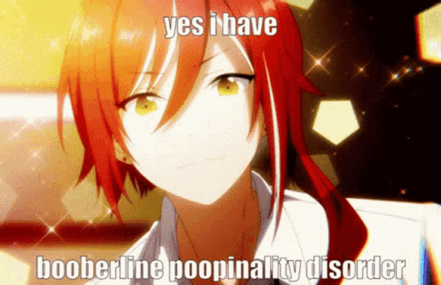 a picture of a girl with red hair that says " yes i have booberline poopinality disorder "