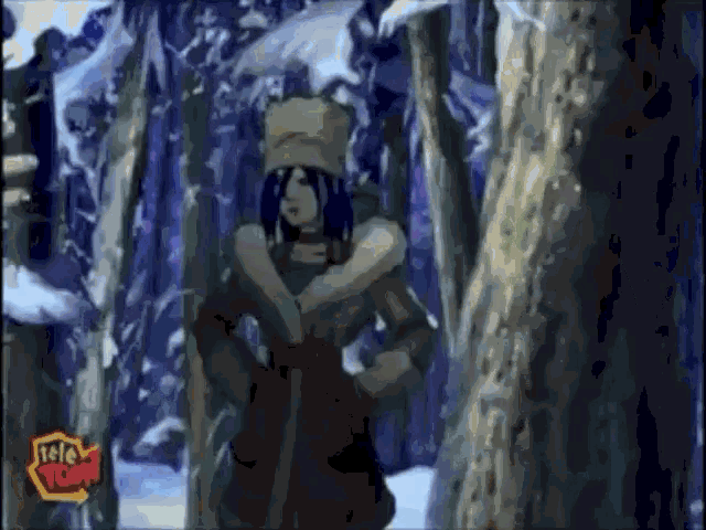 a woman in a fur coat is standing in a snowy forest with a tele toon logo in the corner