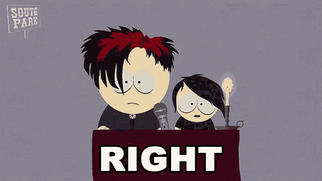two south park characters sitting at a table with a sign that says right in front of them