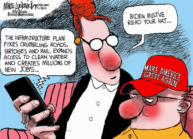 a cartoon of a man wearing a make america great again hat talking to a woman