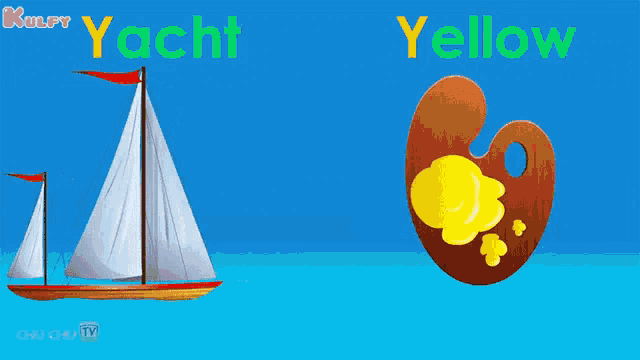 a picture of a sailboat and a picture of a palette with the words yacht and yellow on it