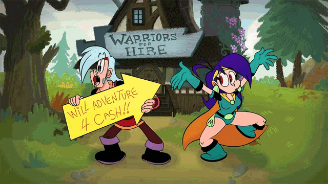two cartoon characters are standing in front of a warriors for hire sign