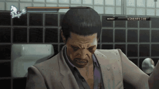 a man in a suit is playing a video game with a screen that says " money "