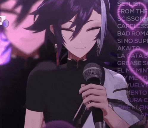 a person holding a microphone with the words setlist from the scissors careless bad roma