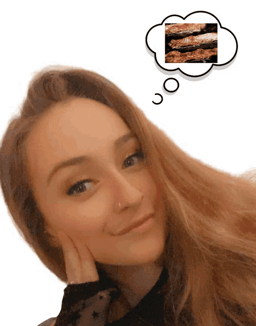 a woman with a thought bubble above her head with a picture of bacon