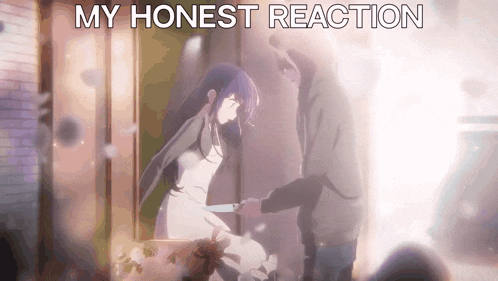 a man is holding a knife in front of a woman with the words " my honest reaction " written below him
