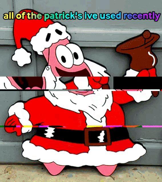 a picture of patrick sponge dressed as santa claus