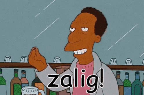 a cartoon character from the simpsons is sitting at a bar with bottles of alcohol behind him and says zalig .