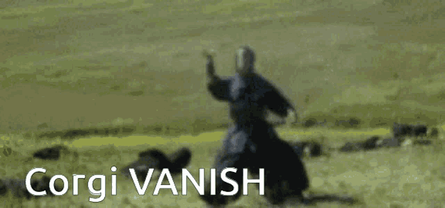 a blurred image of a person in a field with the words " corgi vanish "