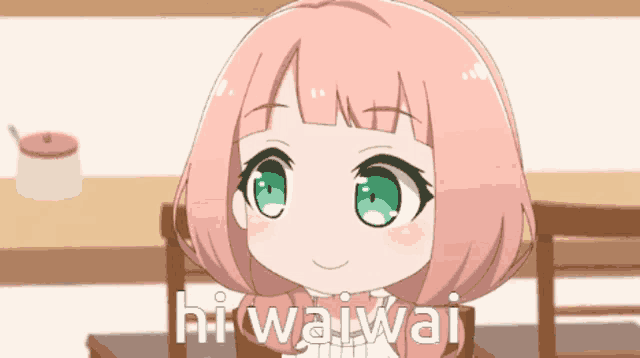 a little girl with pink hair and green eyes says hi wai wai