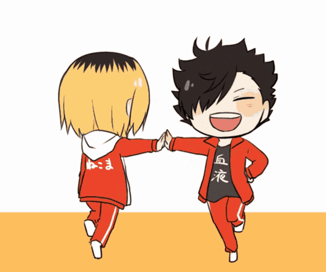 two anime characters giving each other a high five with one wearing a red jacket with chinese writing on it