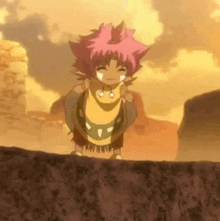 a little girl with pink hair is standing on a rock holding a yellow worm .
