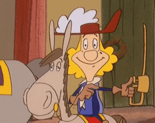 a cartoon character is sitting on the back of a donkey and holding a sword .