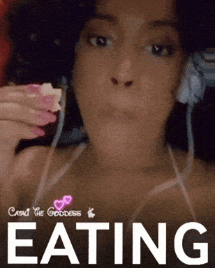 a woman is eating a piece of food with the word eating behind her