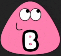 a pink cartoon character with a surprised look on his face and the letter b on his mouth .