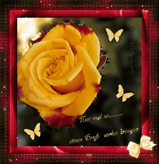 a picture of a yellow rose with butterflies and the words " fur mal so einen gruß vorbei bringen " on the bottom