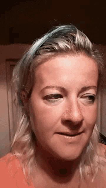 a close up of a woman 's face with a slight smile on her face