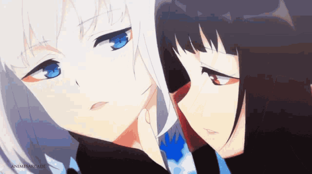 two anime girls are looking at each other and the words animearcade are on the bottom right