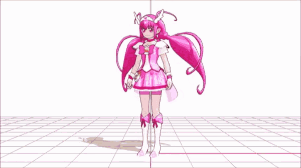 a 3d model of a girl with pink hair pointing