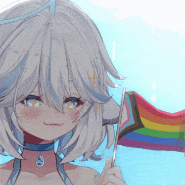 a girl with white hair is holding a rainbow flag in her hand