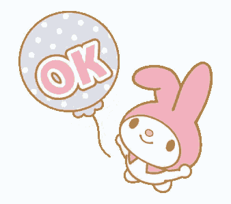 a pink bunny is holding a blue balloon with the word ok on it
