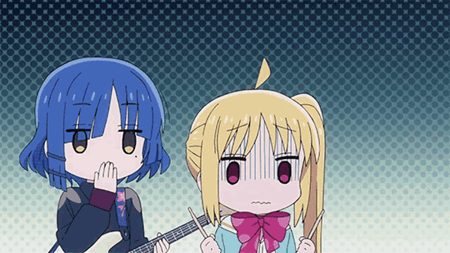 a girl with blue hair playing a guitar next to a girl with blonde hair holding drumsticks